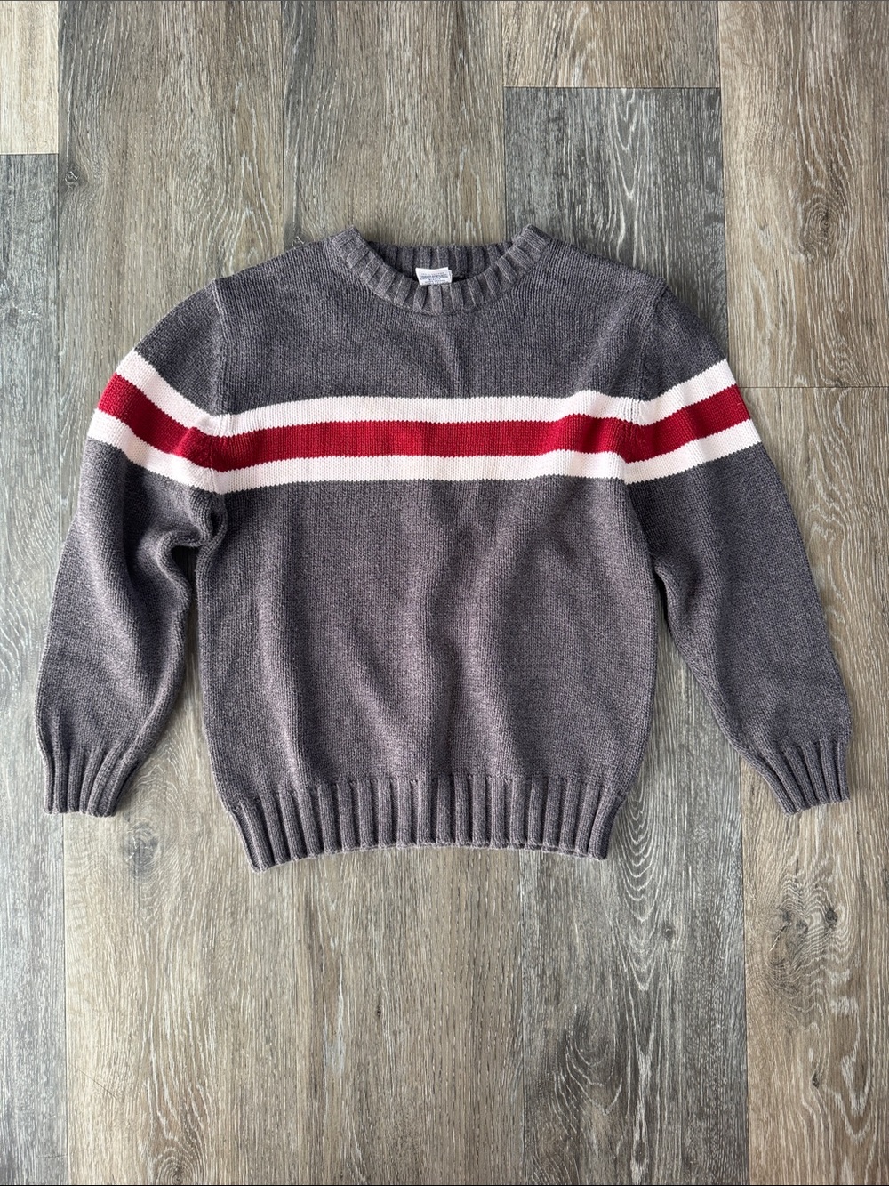 Boys Grey Crewneck Sweater with Red & White Bands